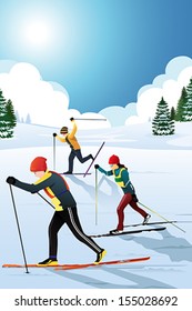 A Vector Illustration Of Skiers In The Winter