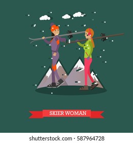 Vector illustration of skiers women with skis talking to each other. Cartoon characters. Winter sports and recreation concept design element in flat style.