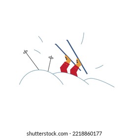 Vector illustration with skiing character, who is lost in masses of snow. Flat illustration of skier who had an accident and fallen into a snow drift.