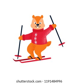 Vector illustration of a skiing chipmunk in a sweater with a pattern isolated on white. Christmas illustration. Ugly sweater party