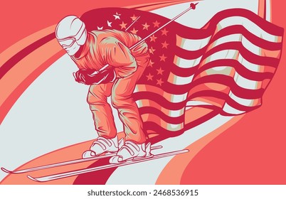 Vector illustration of skiing man with american flag