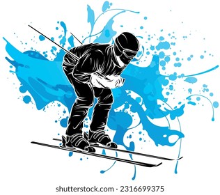 Vector illustration of skiing man colored draw