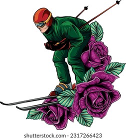 Vector illustration of skiing man colored draw