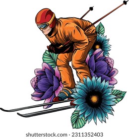 Vector illustration of skiing man with flower