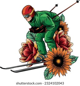 Vector illustration of skiing man with flower