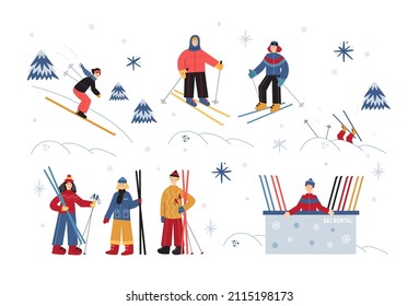 Vector illustration with skiing people. Illustration set with skiing friends at winter resort. Bright colors design.