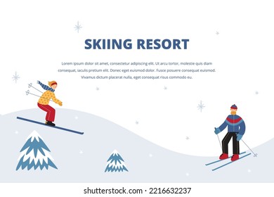 Vector illustration with skiing resort template. Concept with skiing friends.