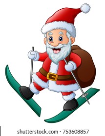 Vector illustration of Skiing santa claus with bag of presents