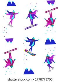 Vector illustration of skiing and skating girl with scarf and in blue jeans. Snowboard. Winter sport. Skiing hill. Flat graphic. New year eve. Christmas time . Sport pattern