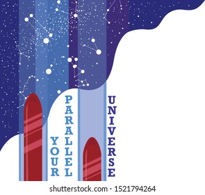 Vector illustration with skiing and ski track for cards, posters, flyers for sport shops and ski stores. Space ski. With slogan "Your parallel universe".