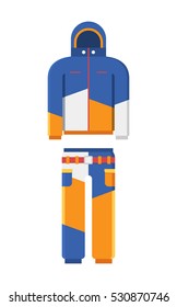Vector illustration of skiing suit. Snowboard jacket and trousers. Snowboarding and skiing wear in flat design.