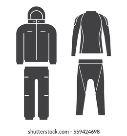 Vector illustration of skiing suit and sports thermal underwear top and bottom set. Snowboard jacket and trousers. Snowboarding and skiing wear in flat design.