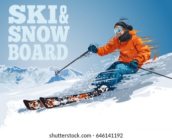 Vector illustration of skiing young pro guy in the mountains, and snowboarding