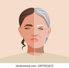 Vector illustration of skin aging. Elderly aging woman with young and old face, for advertising plastic surgery, anti-aging creams or cosmetic procedures