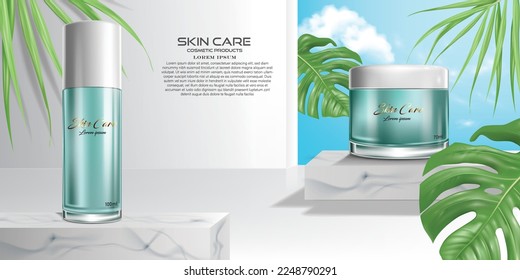 vector illustration skin care cosmetic products and tropical leaves design template,use for cosmetic product advertising banner.