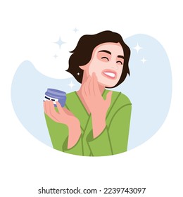 Vector illustration of skin care woman. Cartoon scene with a girl who smeared her face with cream, after which her skin will be tender and without wrinkles on white background.