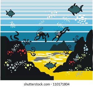 Vector illustration of skin divers exploring underwater.