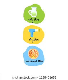 Vector illustration of the skin types on a colored background, simple flat outlined style.
