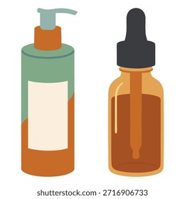 Ilustración vectorial de envases para el cuidado de la piel, incluyendo un frasco dispensador y un frasco gotero de suero, que representan la belleza y el cuidado personal.