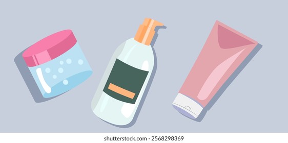 Vector illustration of skincare products including cream, lotion, and cleanser. Perfect for beauty shops, cosmetic ads, and skincare routines