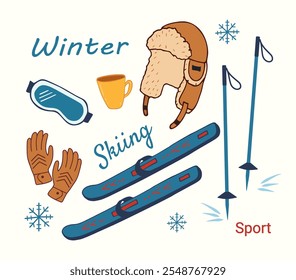 Ilustração vetorial com esquis, chapéu, luvas e óculos para esquiar. Acessórios para esportes de inverno. Desenhado à mão em cor para decoração de inverno, férias e atividades ao ar livre.