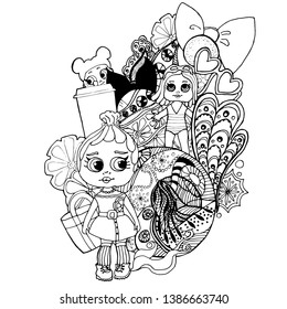 vector illustration of a skit.cute doll in a dress and a doll in a bathing suit.accessories.doodle.