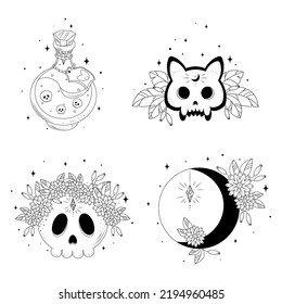  vector illustration with a skull for all saints day, vector illustration with a skull for halloween day, black silhouette of a skull on a white background, skull print,magic potion silhouette drawing