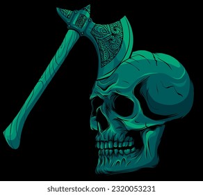 vector illustration of skull with ax on black background