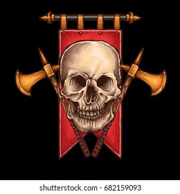 vector illustration of skull with axes and banner 