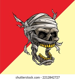 Vector illustration of skull with bandage wrapped like mummy and zombie