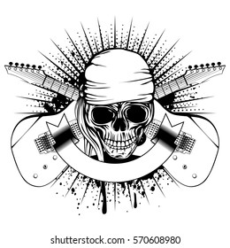 Vector illustration skull in bandana and crossed guitars on dirty background. Hard rock design for t-shirt or tattoo