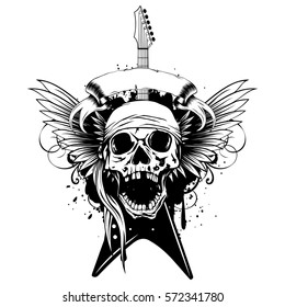 Vector illustration skull in bandana and electric guitar on wings and grunge background. Hard rock sign. Design for t-shirt or poster print