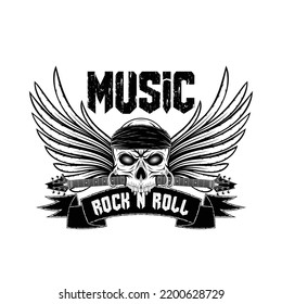Vector illustration of a skull in bandana, guitar and wings. Design for t shirt or poster print. Hand drawn for rock-n-roll logo and emblem. Black tattoo.