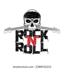 Vector illustration of a skull in bandana and guitar. Design for t shirt or poster print. Hand drawn for rock-n-roll logo and emblem. Black tattoo.