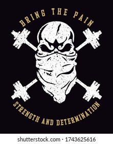 Vector Illustration Of Skull With Bandanna Face Mask And Crossed Bodybuilding Weights.