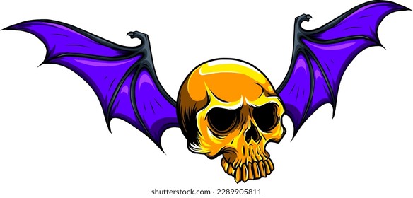 vector illustration of skull and bat wing on white background. digital hand draw