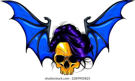 vector illustration of skull and bat wing on white background. digital hand draw