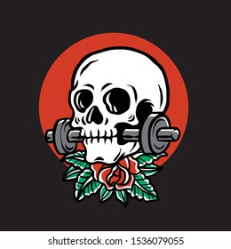 Vector illustration of a skull biting a barbell