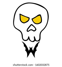 Vector illustration of a skull with black bat bow tie isolated on white. Horror print 