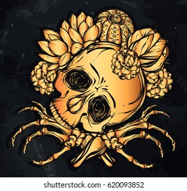 Vector illustration. Skull with bones and cactus. Vector illustration. Handmade. Tattoos, prints on T-shirts, postcard for you, background chalkboard, gold color