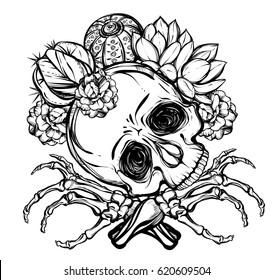 Vector illustration. Skull with bones and cactus. Vector illustration. Handmade. Tattoos, prints on T-shirts, postcard for you, background white