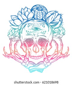 Vector illustration. Skull with bones and cactus. Vector illustration. Handmade. Tattoos, prints on T-shirts, background white, Pink blue color, postcard for you