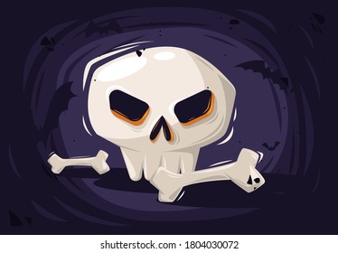 vector illustration of a skull with bones on a dark background with silhouettes of bats for the holiday of happy Halloween