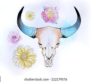 Vector illustration of the skull of a bull with flowers and splashes of watercolor