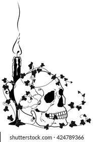 vector illustration of skull, candle  and ivy  in black and white