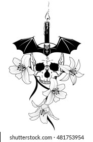 vector illustration of skull, candle, lily  and bat  in black and white
