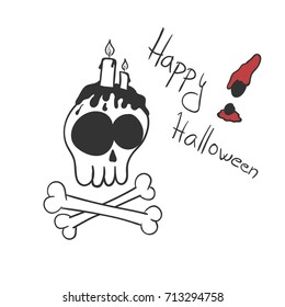 Vector illustration of skull with candles on the top. Halloween card template on the white background.