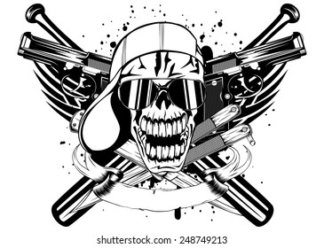 Vector illustration skull in cap knifes bats and two pistols