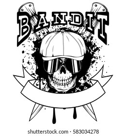 Vector illustration skull in cap with sunglasses and crossed knifes. Inscription bandit. For tattoo or t-shirt design.