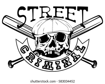 Vector illustration skull in cap with sunglasses on crossed baseball bat. Inscription street criminal. For tattoo or t-shirt design.